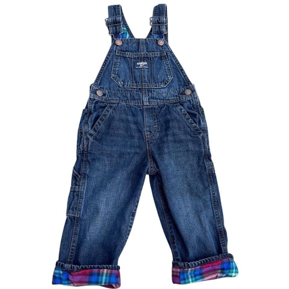 OshKosh Bgosh Toddler 2T Blue Denim Flannel Lined Plaid Bib Overalls Carpenter